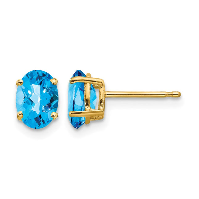 14k Oval Blue Topaz Checker Earrings, 7 x 5mm