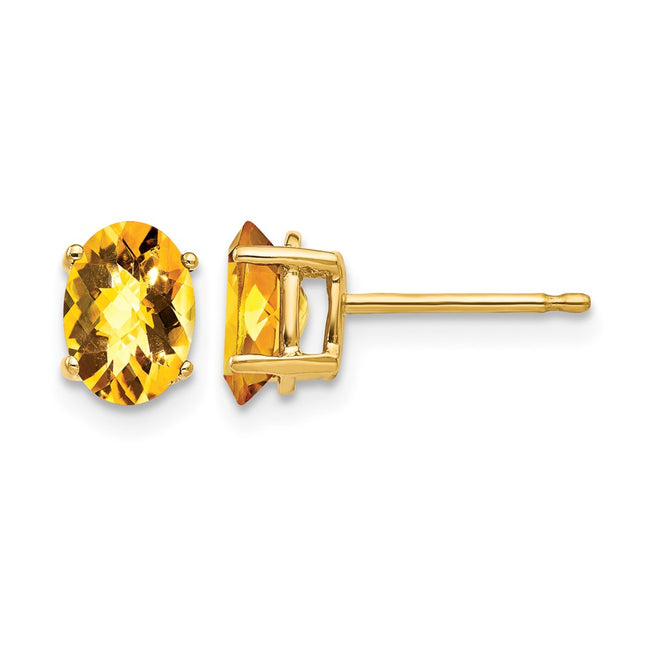 14k Oval Citrine Checker Earrings, 7 x 5mm