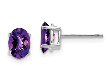 14k White Gold Oval Amethyst Checker Earrings (Style XE87WAC)