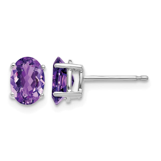 14k White Gold Oval Amethyst Earrings, 7 x 5mm
