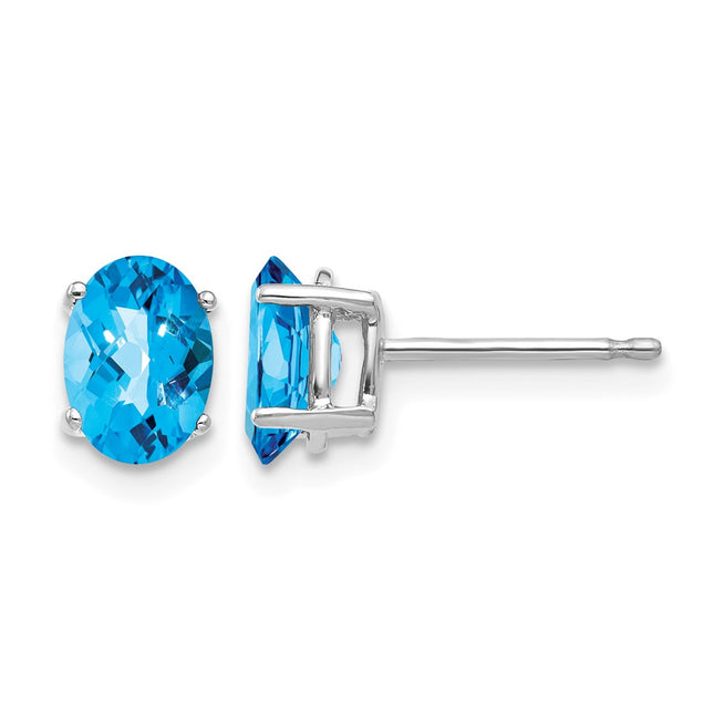 14k White Gold Oval Blue Topaz Checker Earrings, 7 x 5mm
