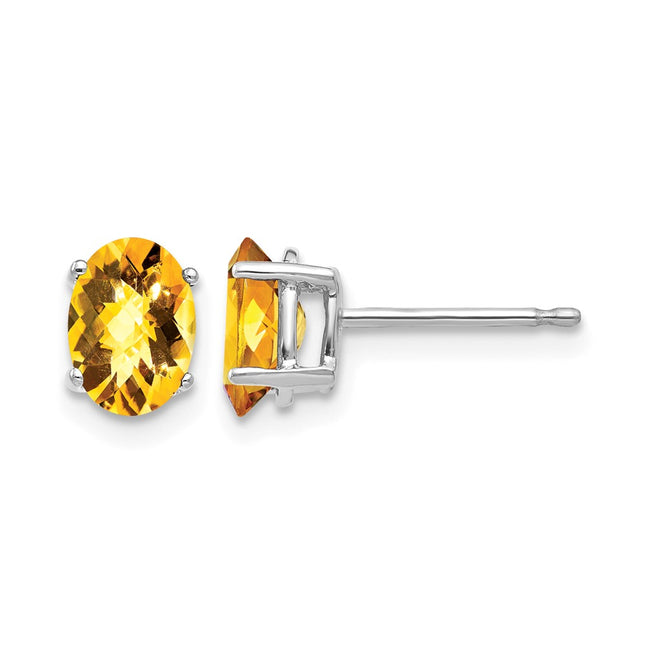 14k White Gold Oval Citrine Checker Earrings, 7 x 5mm