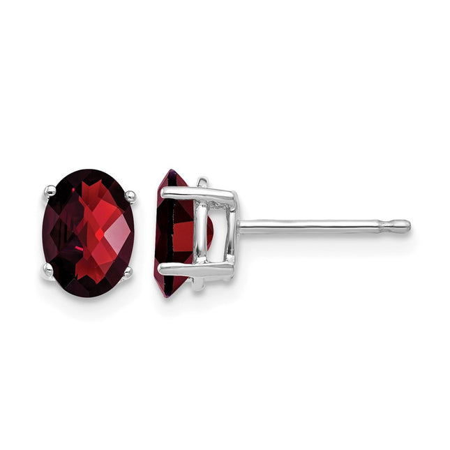14k White Gold Oval Garnet Checker Earrings, 7 x 5mm
