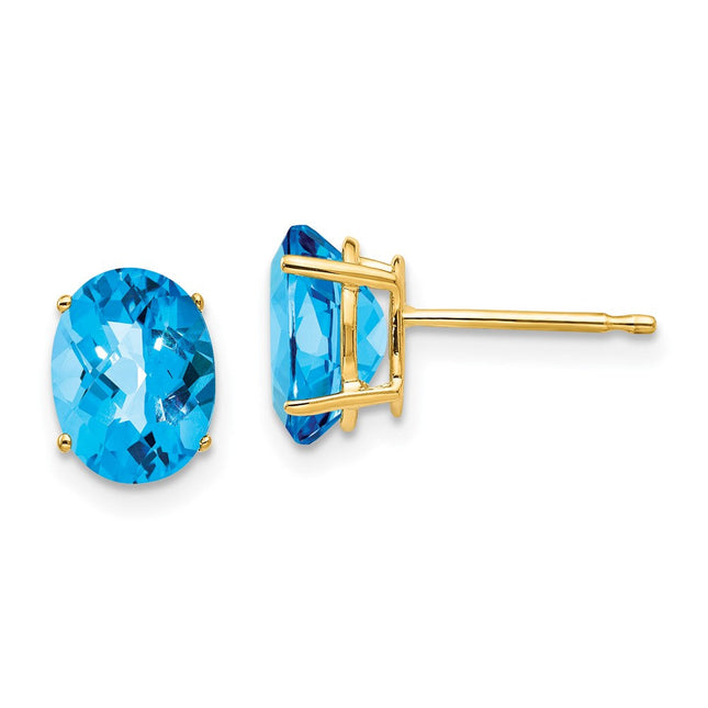 14k Oval Blue Topaz Checker Earrings, 8 x 6mm