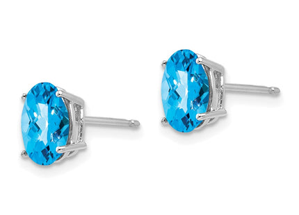 14k White Gold Oval Blue Topaz Checker Earrings (Style XE88WBC)