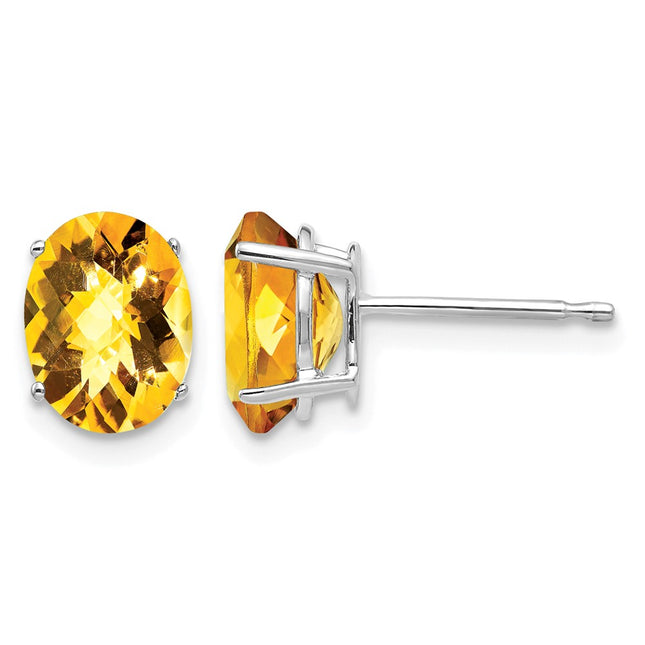 14k White Gold Oval Citrine Checker Earrings, 8 x 6mm