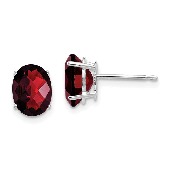 14k White Gold Oval Garnet Checker Earrings, 8 x 6mm