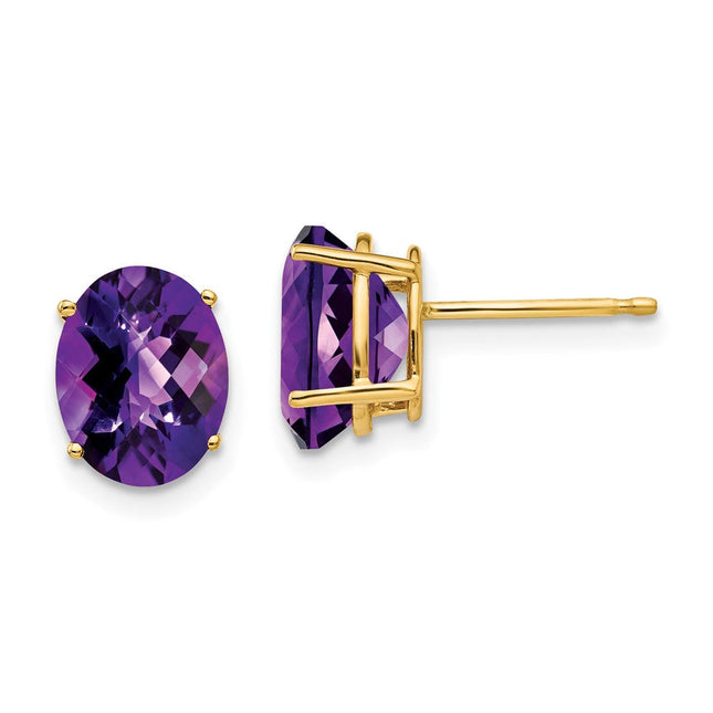 14k Oval Amethyst Checker Earrings, 9 x 7mm