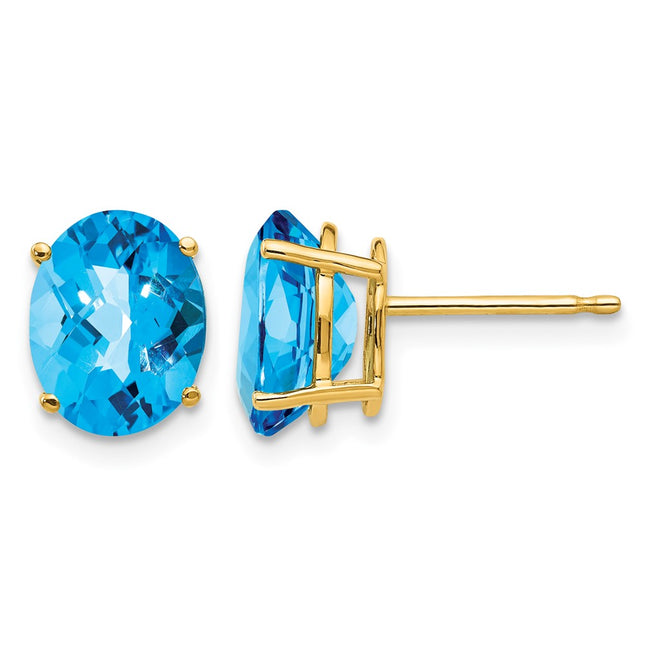 14k Oval Blue Topaz Checker Earrings, 9 x 7mm