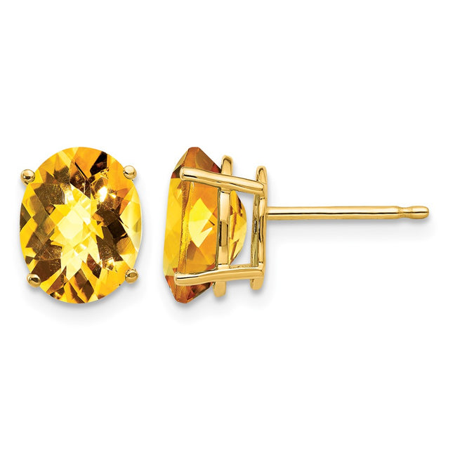 14k Oval Citrine Checker Earrings, 9 x 7mm