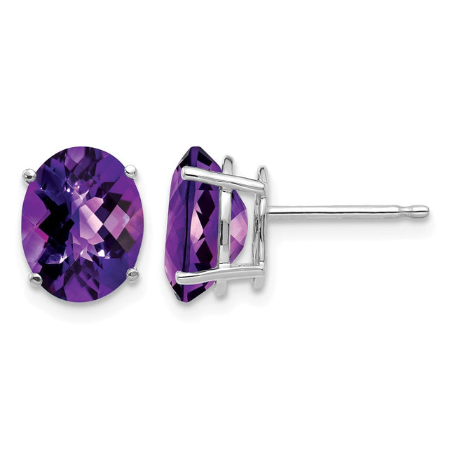 14k White Gold Oval Amethyst Checker Earrings, 9 x 7mm
