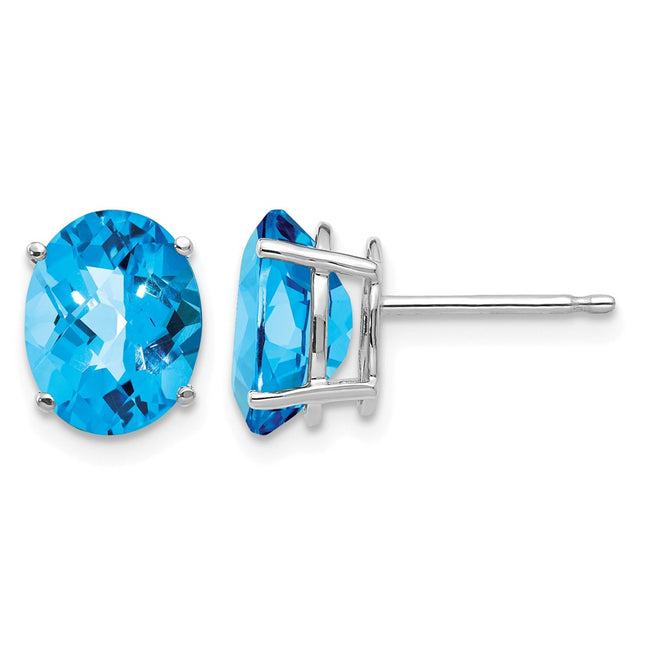 14k White Gold Oval Blue Topaz Checker Earrings, 9 x 7mm