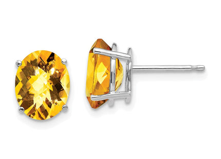 14k White Gold Oval Citrine Checker Earrings (Style XE89WCC)