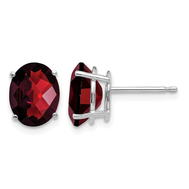 14k White Gold Oval Garnet Checker Earrings, 9 x 7mm