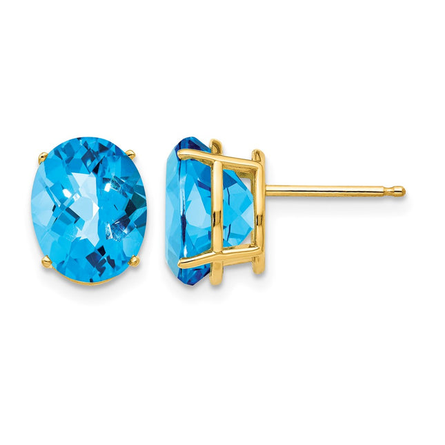 14k Oval Blue Topaz Checker Earrings, 10 x 8mm
