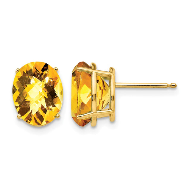 14k Oval Citrine Checker Earrings, 10 x 8mm