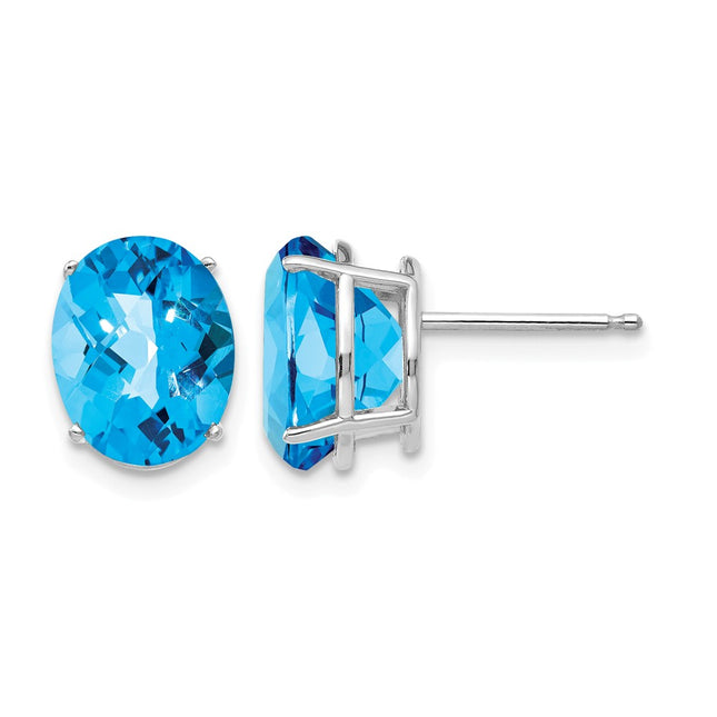14k White Gold Oval Blue Topaz Checker Earrings, 10 x 8mm