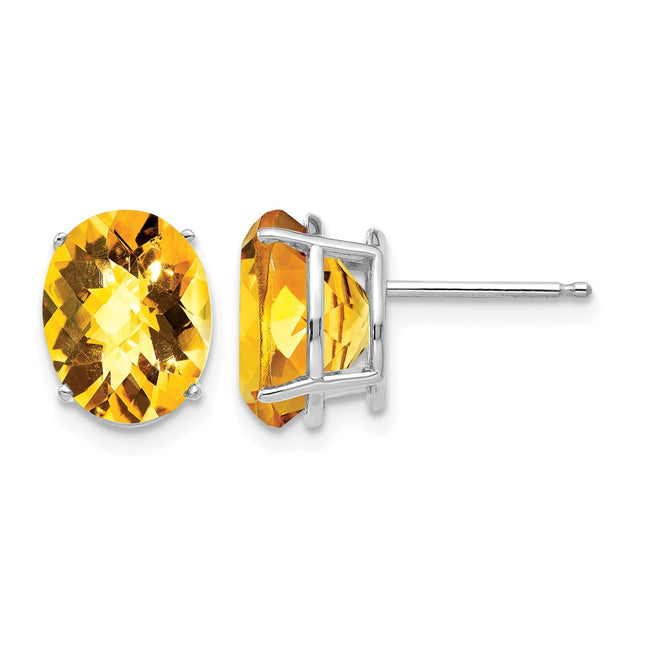 14k White Gold Oval Citrine Checker Earrings, 10 x 8mm