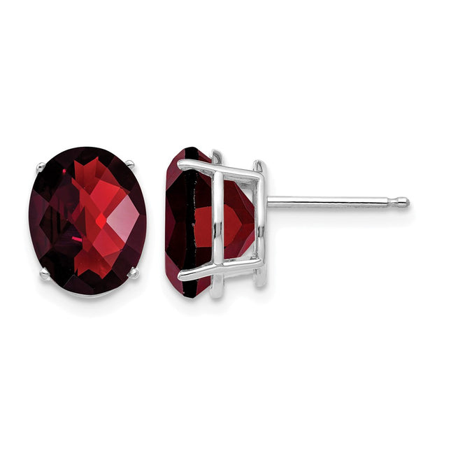 14k White Gold Oval Garnet Checker Earrings, 10 x 8mm