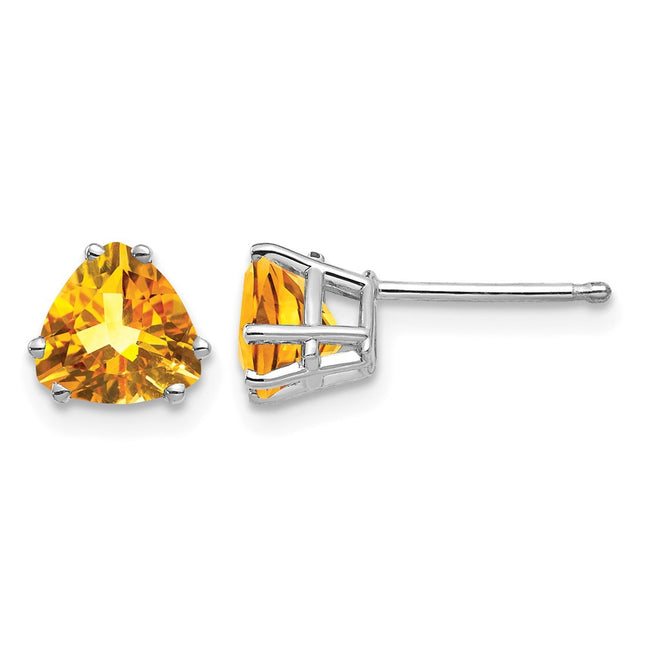 14k White Gold Citrine Trillion Stud Earrings, 7 x 6mm