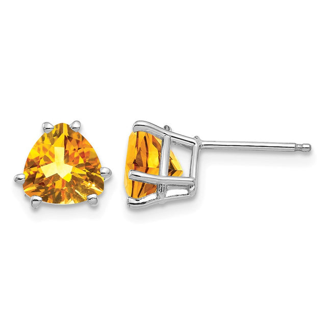 14k White Gold Citrine Trillion Stud Earrings, 8 x 7mm