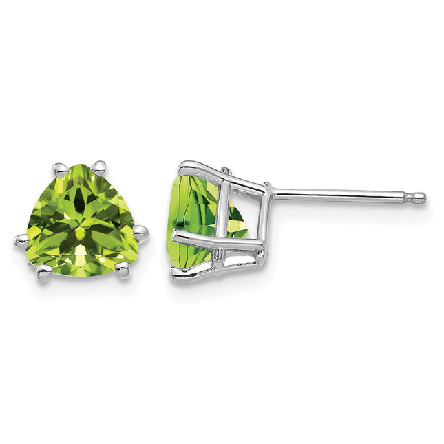 14k White Gold Peridot Trillion Stud Earrings, 8 x 7mm