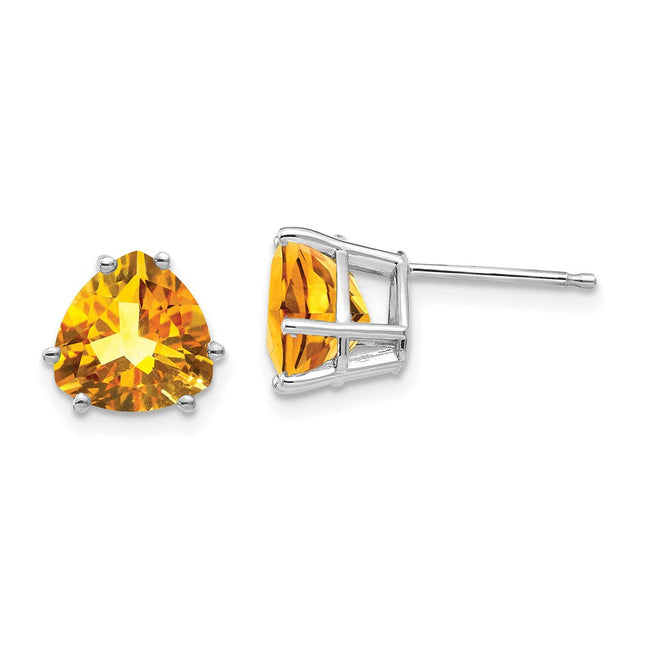 14k White Gold Citrine Trillion Stud Earrings, 9 x 8mm