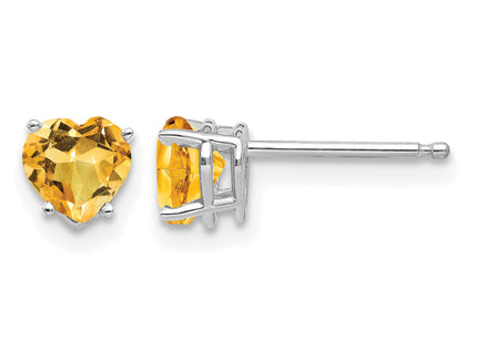 14k White Gold Heart Citrine Earrings, 6 x 5mm