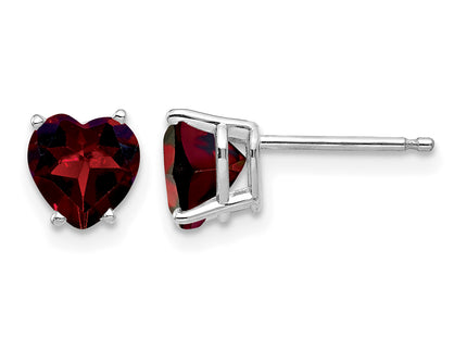 14k White Gold Heart Garnet Earrings, 7 x 6mm
