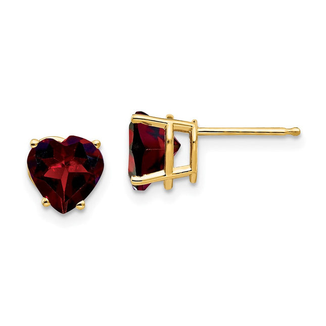 14k Heart Garnet Earrings, 7 x 7mm