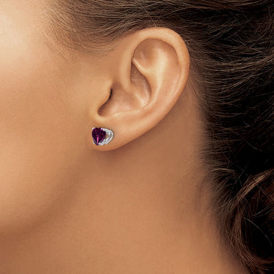 14K White Gold Rhodolite Garnet Heart Stud Earrings