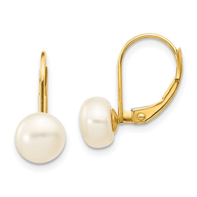 14K White Button Freshwater Cultured Pearl Leverback Earrings