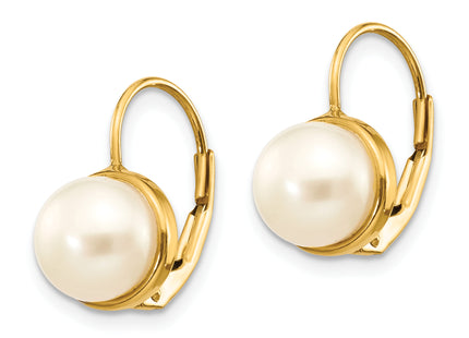 14K 6- White Button Freshwater Cultured Pearl Leverback Earrings