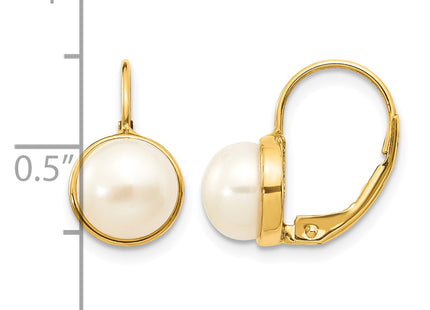 14K 6- White Button Freshwater Cultured Pearl Leverback Earrings
