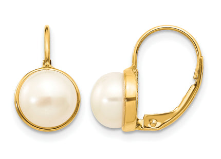 14K 6- White Button Freshwater Cultured Pearl Leverback Earrings