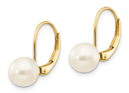 14k 7- White Round Freshwater Cultured Pearl Leverback Earrings