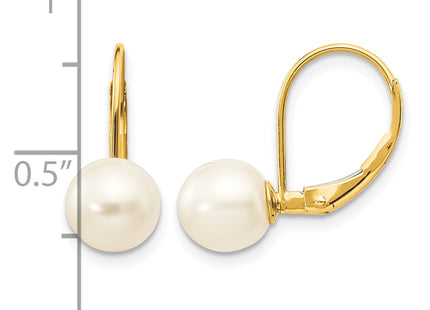 14k 7- White Round Freshwater Cultured Pearl Leverback Earrings