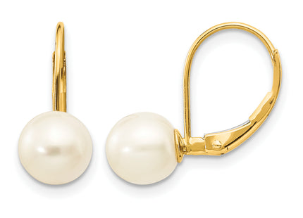 14k 7- White Round Freshwater Cultured Pearl Leverback Earrings