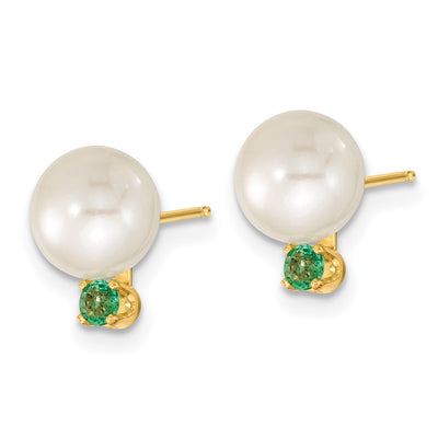 14K White Round Freshwater Cultured Pearl and .21EM Emerald Post Earrings and Pendant Set