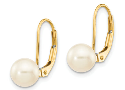14k 6- White Round Freshwater Cultured Pearl Leverback Earrings, 16.5 x 6 to 7mm