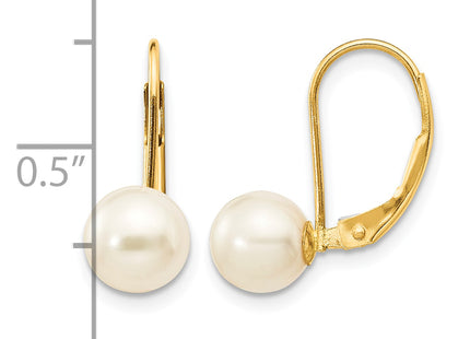 14k 6- White Round Freshwater Cultured Pearl Leverback Earrings, 16.5 x 6 to 7mm