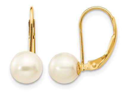 14k 6- White Round Freshwater Cultured Pearl Leverback Earrings, 16.5 x 6 to 7mm
