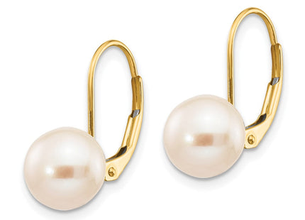 14K 8- White Round Freshwater Cultured Pearl Leverback Earrings (Style XF324E)