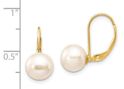 14K 8- White Round Freshwater Cultured Pearl Leverback Earrings (Style XF324E)