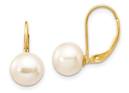 14K 8- White Round Freshwater Cultured Pearl Leverback Earrings (Style XF324E)