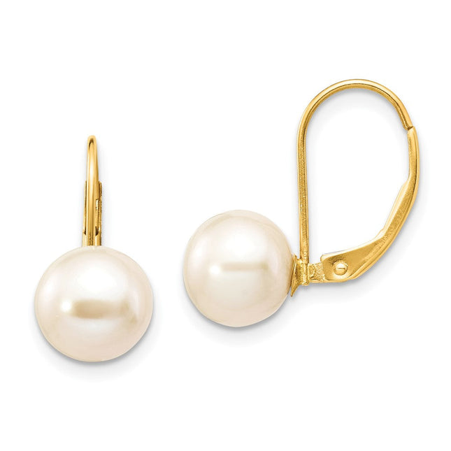 14K 8- White Round Freshwater Cultured Pearl Leverback Earrings, 16.7 x 8 to 9mm
