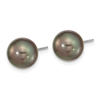 14K White Gold Black Round Tahitian Saltwater Cultured Pearl Post Earrings
