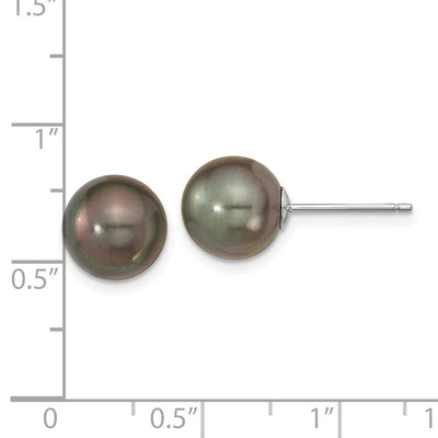 14K White Gold Black Round Tahitian Saltwater Cultured Pearl Post Earrings
