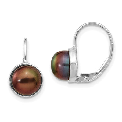 14K White Gold Black Button Freshwater Cultured Pearl Leverback Earrings