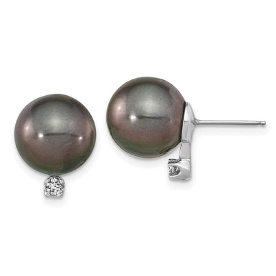14K White Gold Black Round Tahitian Saltwater Cultured Pearl and .10 Carat Diamond Post Earring